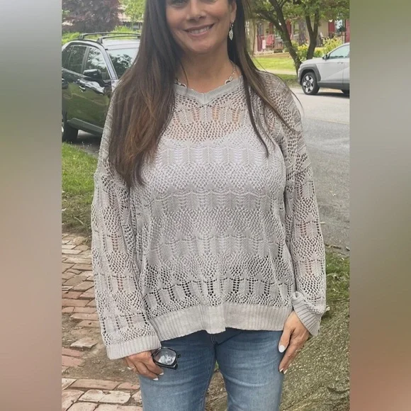 POL new Crochet grey Knit Women's Sweater sz M L $58 - Picture 3 of 5